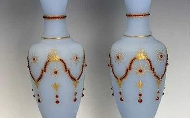 LARGE PAIR OF 19TH C. JEWELED OPALINE VASES