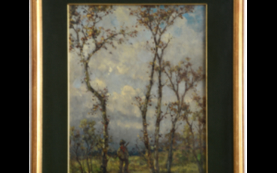 Lorenzo Gignous ( Modena 1862 - Porto Ceresio 1958 ) , "Il cacciatore" olio su tela applicata a tavola (cm 48x34) In cornice
