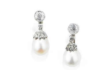 Pair of natural pearl and diamond ear clips, 1920s