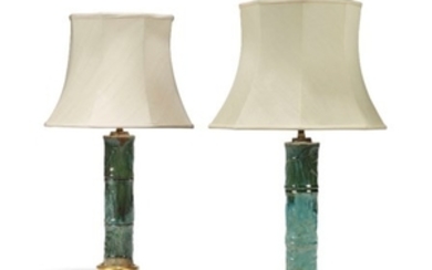A NEAR PAIR OF CHINESE 'BAMBOO' FORM STONEWARE LAMPS, 19TH CENTURY, PROBABLY GUANGDONG WARE