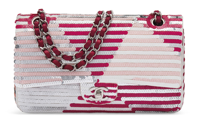 A PINK STRIPED SEQUIN MEDIUM DOUBLE FLAP WITH SILVER HARDWARE, CHANEL, 2014
