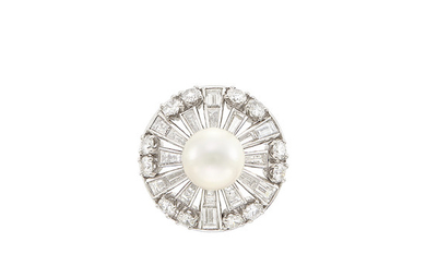 Platinum, Cultured Pearl and Diamond Ring