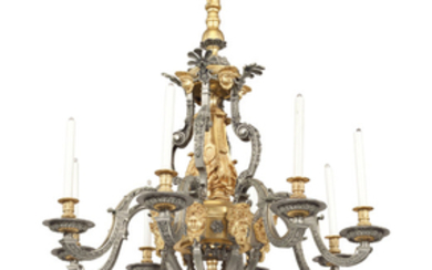 A PAIR OF REGENCE STYLE ORMOLU AND SILVERED-BRONZE EIGHT-LIGHT CHANDELIER, PROBABLY FRENCH, BASED ON A MODEL BY ANDRE CHARLES BOULLE, 20TH CENTURY