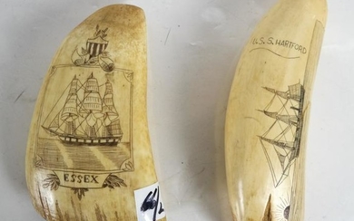 Scrimshaw Tooth Carvings- "USS Hartford", "Essex"