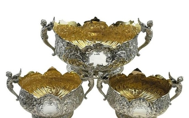 SET OF 3 ANTIQUE VICTORIAN SILVER DISHES / BOWLS 1895 /