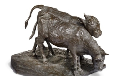 Theodor Philipsen: Two calves. Stamped with monogram and DK (Dansk Kunsthandel). Patinated bronze sculpture. H. 29 cm. L. 52 cm.