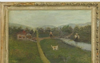 W Baileys Vintage Folk Art Naive Oil Painting Landscape