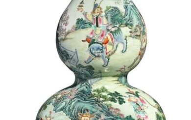 A RARE FAMILLE-ROSE 'TRIBUTE BEARERS' DOUBLE GOURD VASE QIANLONG SEAL MARK AND PERIOD
