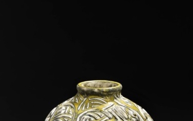 Axel Salto: A round stoneware vase modelled with branches in relief. Decorated with solfatara glaze. Signed Salto, 1943. H. 20 cm.