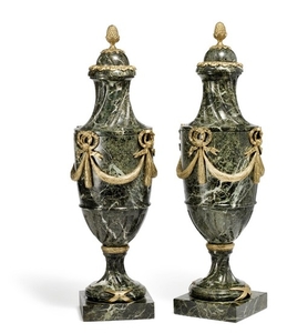 884/266: A pair of Russian Louis XVI style green marble vases with gilt bronze mounting. 19th century. H. 60 cm. (2)