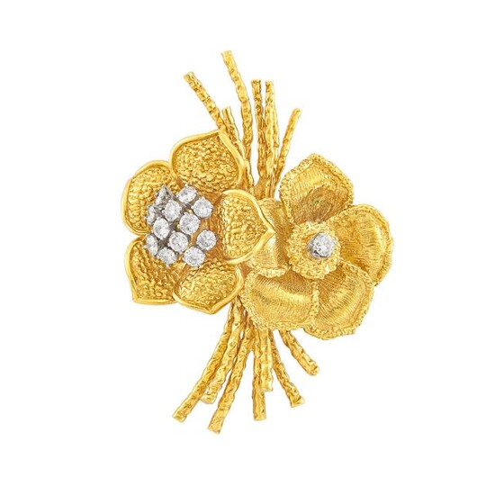 Gold and Diamond Double Flower Brooch