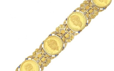 Variegated Gold, High Karat Gold Coin and Sapphire Bracelet, Cazzaniga