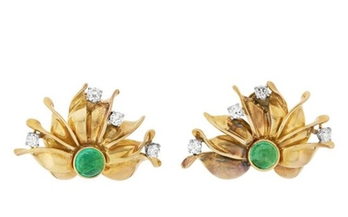 Pair of Gold, Emerald and Diamond Earclips