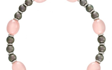 Tahitian Black Cultured Pearl, Rose Quartz Bead, White Gold and Diamond Necklace, Carvin French