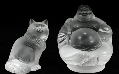 LALIQUE FRANCE CRYSTAL BUDDHA & CAT