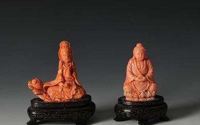 Pair of Coral Carvings of Guanyin & Buddha