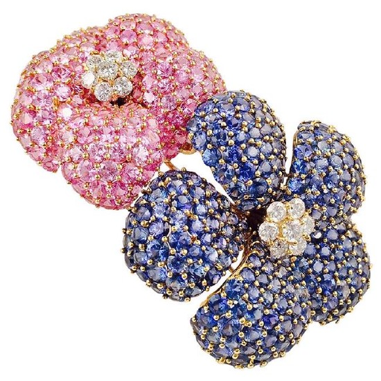 Pink and Blue Sapphire Gold Double Flower Brooch