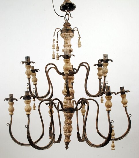 FRENCH IRON AND WOOD CHANDELIER