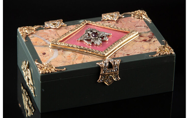 A 14K Gold, Guilloché Enamel, Diamond, and Cabochon-Mounted Box in the Manner of Fabergé (late 20th century)