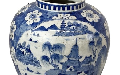 A 19th century Chinese blue and white temple jar, six...