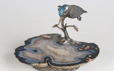 A 20th century Continental cold painted cast bronze model of a kingfisher perched on a branch, mount