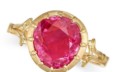 A 4.12 CARAT BURMA NO HEAT RUBY RING in yellow gold, set with a round cut ruby of 4.12 carats, no...