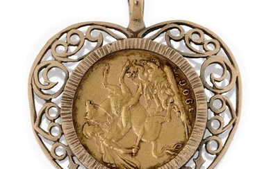 A 9ct gold mounted 1906 sovereign pendant, in heart-shaped openwork setting, the pendant loop with British hallmarks, approx. length 4.3cm (inc. pendant loop)