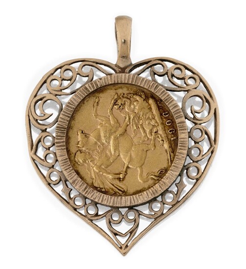 A 9ct gold mounted 1906 sovereign pendant, in heart-shaped openwork setting, the pendant loop with British hallmarks, approx. length 4.3cm (inc. pendant loop)