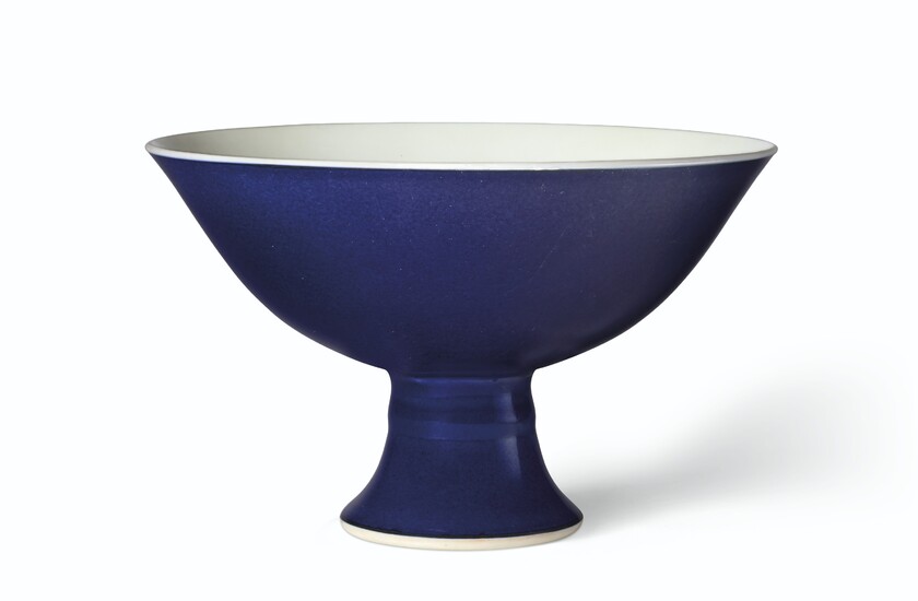 A BLUE-GLAZED STEM BOWL, CHINA, QING DYNASTY, YONGZHENG SIX-CHARACTER MARK IN UNDERGLAZE BLUE IN A LINE AND OF THE PERIOD (1723-1735)