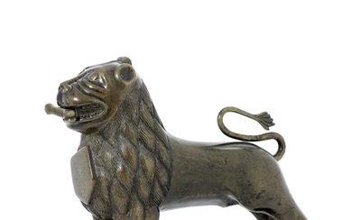 A BRASS AQUAMANILE IN THE FORM OF A LION, GERMAN, 19TH CENTURY