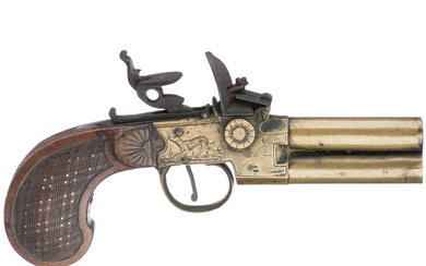 A Belgian double-barrelled boxlock pistol, Liege, circa 1800 Canons superposés en laiton de calibre 10...