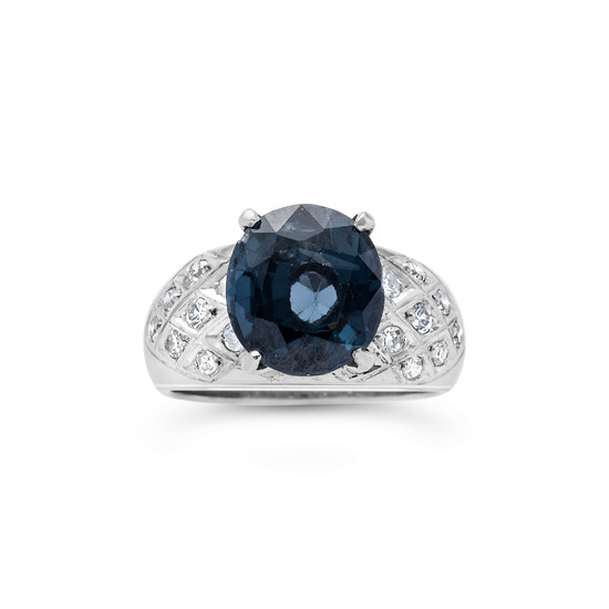 A Blue Spinel, Diamond and White Gold Ring