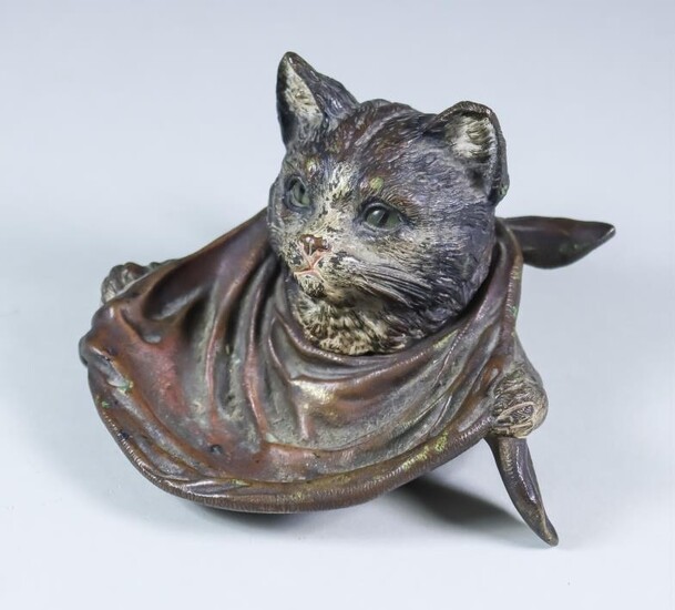 A Bronze Novelty Cold Painted Cat's Head Pattern Inkwell,...