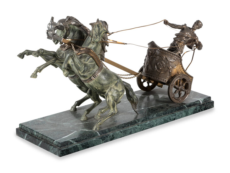 A Bronze and Patinated Metal Figural Group Depicting a Two-Horse Roman Chariot and Rider