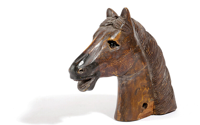 A CARVED AND PAINTED WOOD HORSE'S HEAD
