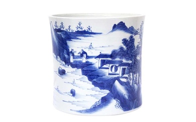A CHINESE BLUE AND WHITE BRUSH POT, BITONG 清 青花山水人物圖紋筆筒
