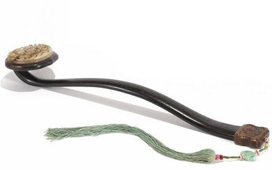 A CHINESE CARVED ROSEWOOD JADE INLAID RUYI SCEPTER