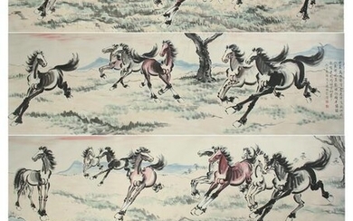 A CHINESE HANDSCROLL PAINTING OF RUNNING STEEDS BY XU