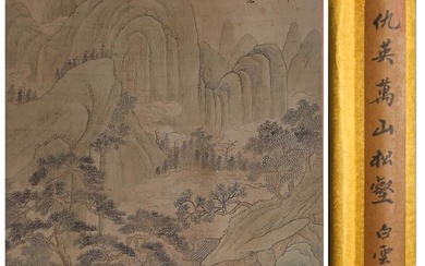 A CHINESE LANDSCAPE PAINTING, INK AND COLOR ON SILK, HANGING SCROLL, QIU YING MARK
