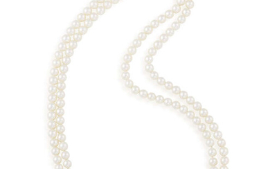 A CULTURED PEARL AND GEM-SET NECKLACE The two...