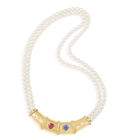 A CULTURED PEARL AND GEM-SET NECKLACE The two...