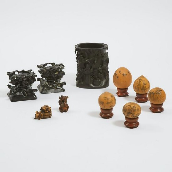 A Chinese Carved Hardwood Brushpot, Together with Five