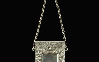 A Chinese White Metal Card Case with rolo chain handle, the case embossed and chased with figural sc