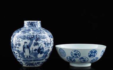 A Chinese blue and white bowl and jar, 19th century