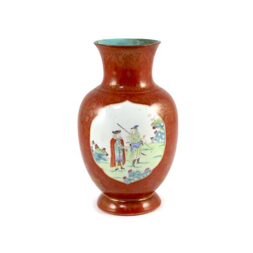 A Chinese coral ground foreigners vase, Qianlong/Jiaqing p...