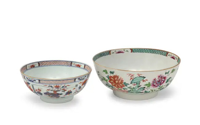A Chinese export famille rose punch bowl and an Imari punch bowl...
