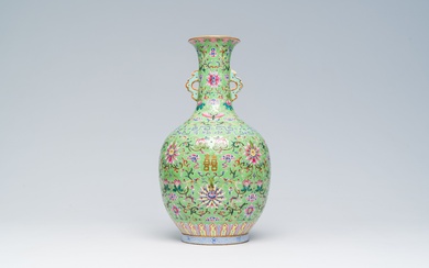 A Chinese famile rose lime green ground 'lotus scrolls' bottle vase, Jiaqing mark, 19th/20th C....
