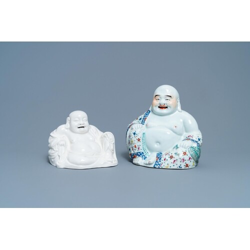 A Chinese famille rose figure of Buddha and one in blanc de ...