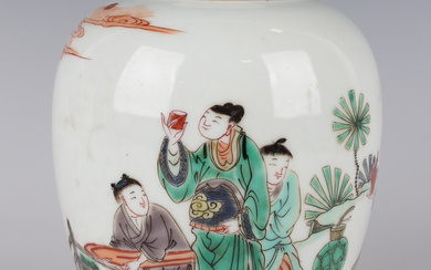 A Chinese famille verte porcelain jar, Kangxi style but later, of ovoid form, painted with a figural