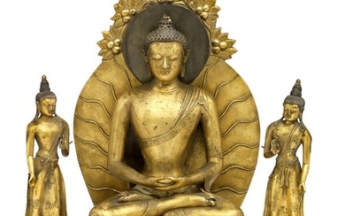 SOLD. A Chinese gilt bronze figure of Buddha flanked by Avalokitesvara and Manjushri. 18th century. Weight c. 17.768 kg. H. c. 43.5 cm. – Bruun Rasmussen Auctioneers of Fine Art